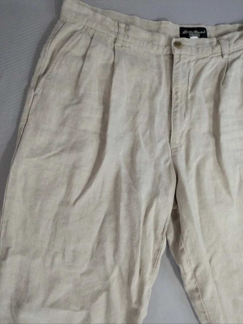 Eddie Bauer 100% Linen Pants Men’s 34x30 Beige Pleated Chino Coastal Old Money